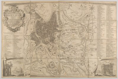 Plano de la antigua Roma con una vista del Panteón en la parte inferior izquierda y un arco triunfal en la parte inferior derecha, 1748 de Carlo Nolli
