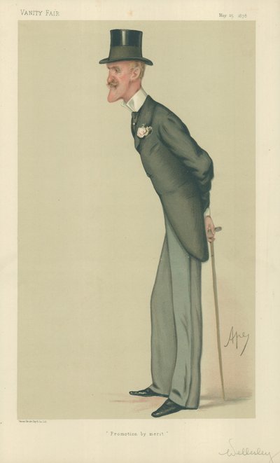 Coronel El Honorable Frederick Arthur Wellesley, Promoción por mérito, 25 de mayo de 1878, caricatura de Vanity Fair de Carlo Pellegrini