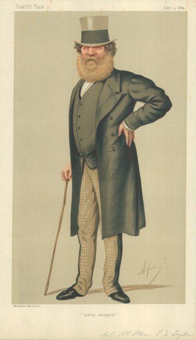 Coronel El Honorable Thomas Edward Taylor, recientemente azotado, 4 de julio de 1874, caricatura de Vanity Fair de Carlo Pellegrini