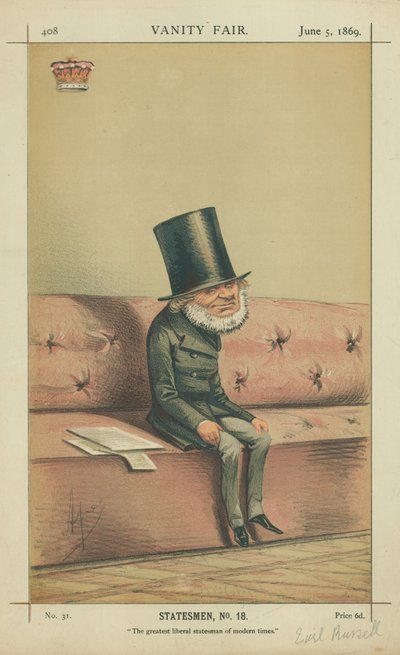 El Conde de Russell, el mayor estadista liberal de los tiempos modernos, 5 de junio de 1869, caricatura de Vanity Fair de Carlo Pellegrini