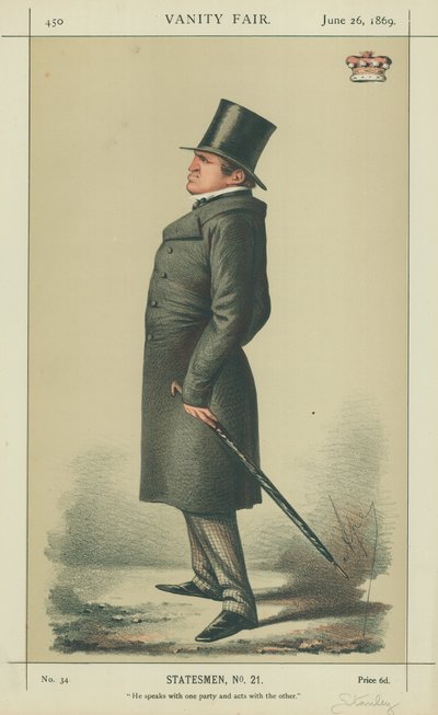 Lord Stanley, habla con un partido y actúa con el otro, 26 de junio de 1869, caricatura de Vanity Fair de Carlo Pellegrini