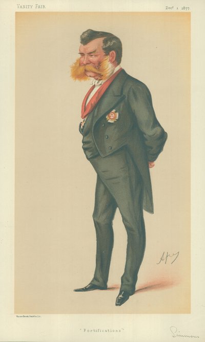 Sir John Lintorn Arabin Simmons, Fortificaciones, 1 de diciembre de 1877, caricatura de Vanity Fair de Carlo Pellegrini