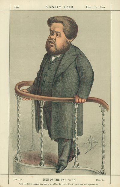 El reverendo Charles Spurgeon, nadie ha tenido tanto éxito como él en esbozar el lado cómico del arrepentimiento y la regeneración, 17 de julio de 1880, caricatura de Vanity Fair de Carlo Pellegrini