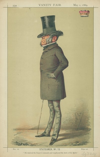 Vizconde de Sídney, recibió las órdenes reales y alargó las faldas del ballet, 1 de mayo de 1869, caricatura de Vanity Fair de Carlo Pellegrini