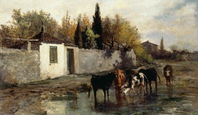 Vacas en el abrevadero, de Carlo Pittara (1836-1891) de Carlo Pittara