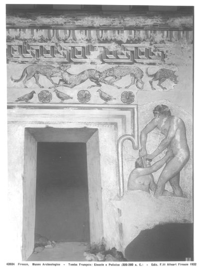 Marce Camitlnas y Cneve Tarchunies Rumach, reconstrucción de la pintura mural etrusca en la Tumba Francois en Vulci de c.320-280 a.C. (pintura mural) de Carlo Ruspi
