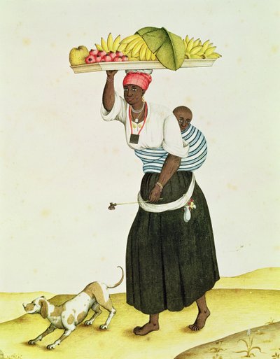 Una mujer llevando una bandeja de frutas en la cabeza de Carlos Juliao