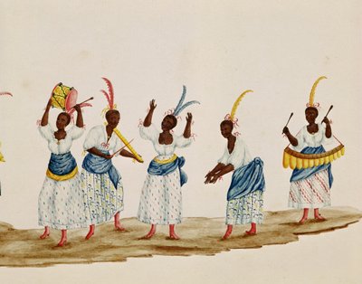 Reina y su séquito, detalle que representa bailarines y músicos de Carlos Juliao