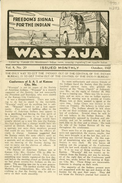 Número de Wassaja, Vol. 8, No. 20, octubre de 1922 de Carlos Montezuma