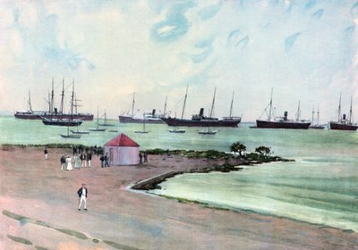 Buques españoles capturados anclados en el puerto de Man-of-War, Key West. Vista desde la explanada cerca de los cuarteles del ejército de los Estados Unidos de Carlton Theodore Chapman