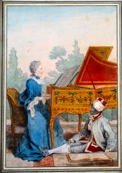 Retrato de Mademoiselle Desgots de Saint Domingue en el clavecín y su esclavo Laurent de Carmontelle