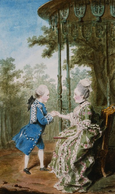 La princesa de Salm sentada con su hijo, el príncipe de Salm, junto a un pabellón chino de Carmontelle