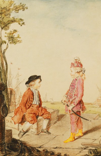 Los dos jóvenes hermanos de Neuville, en un muelle, 1767 de Carmontelle