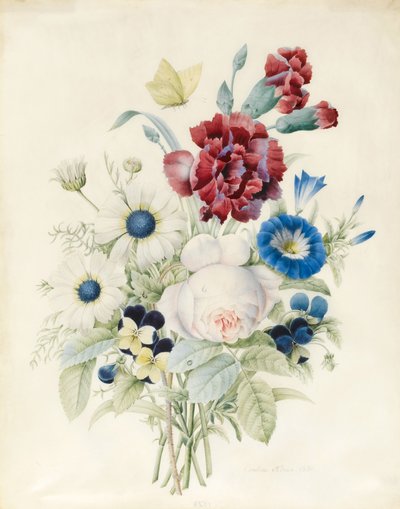 Ramo de flores incluyendo una rosa, una convolvulus azul y pensamientos, 1830 de Caroline Adrien