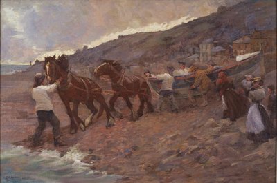 Botar el bote salvavidas (óleo sobre lienzo) de Caroline St Clair Graham