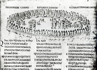 Ilustración de una escena de uno de los Salmos, del Salterio de Utrecht, copia del original de Reims ahora en la Biblioteca de la Universidad de Utrecht de Carolingian School