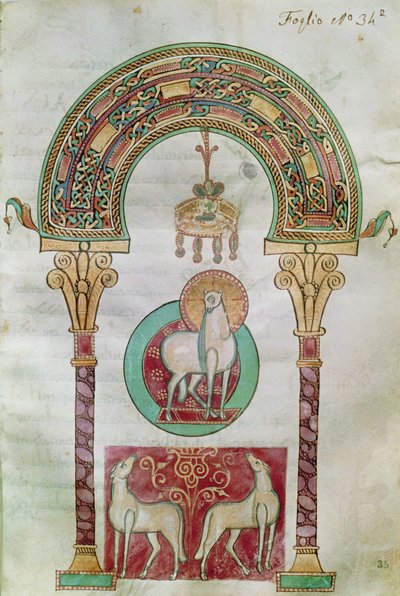 Ms CCII fol.35r Agnus Dei, ilustración del Cordero de Dios de Etymologiae por Isidoro de Sevilla de Carolingian School