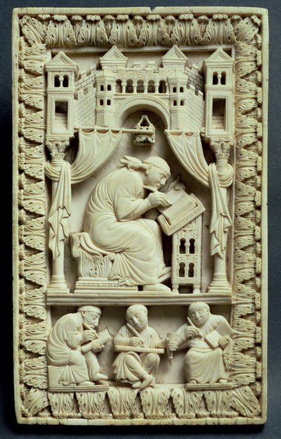 San Gregorio escribiendo con escribas abajo, Escuela Franco-Alemana, c.850-875 de Carolingian School