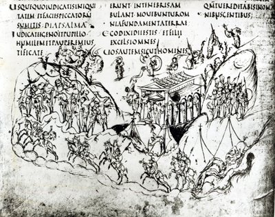 Varias escenas ilustrando un salmo, del Salterio de Utrecht, copia del original de Reims ahora en la Biblioteca de la Universidad de Utrecht de Carolingian School