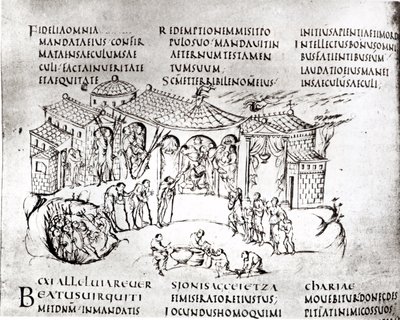 Varias escenas ilustrando un salmo, del Salterio de Utrecht, copia del original de Reims ahora en la Biblioteca de la Universidad de Utrecht de Carolingian School