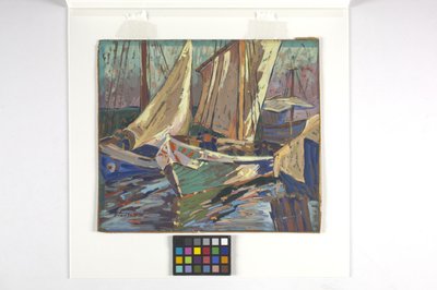 Fishing Boats In Harbor (gouache sobre papel de estraza) de Carolyn Bradley
