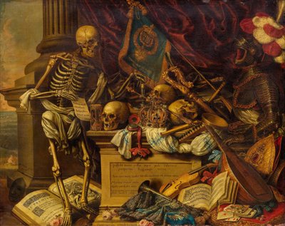 Vanitas Naturaleza Muerta con instrumentos musicales, libros, partituras, esqueleto, calavera y armadura, siglo XVII de Carstian Luyckx
