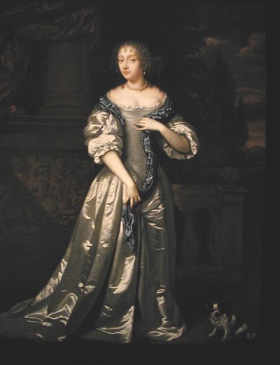 Retrato de Lady Philippa Stanton y su perro de pie en una terraza junto a un friso esculpido de Caspar (studio of) Netscher