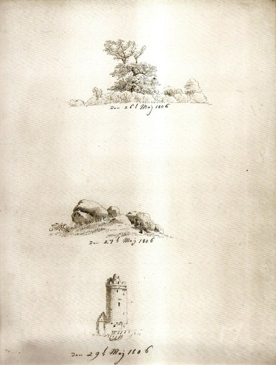 Árbol, carretilla y torre de Caspar David Friedrich