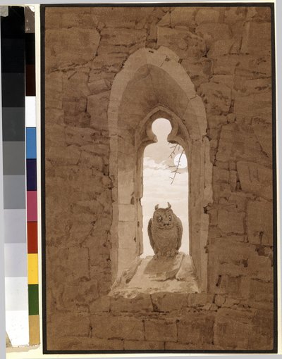Búho en una ventana gótica. Obra de Caspar David Friedrich (1774-1840), lápiz, pincel y sepia sobre papel de Caspar David Friedrich