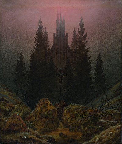 Cruz y catedral en las montañas de Caspar David Friedrich