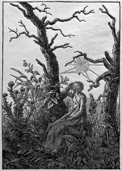 La mujer con la telaraña entre árboles desnudos de Caspar David Friedrich