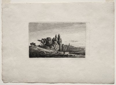 Pasarela con cruz ante árboles en un río de Caspar David Friedrich