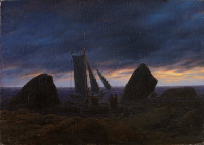 Alemán: Fischerboot zwischen Findlingen am Ostseestrand Barco de pesca entre dos rocas en la playa del Mar Báltico de Caspar David Friedrich