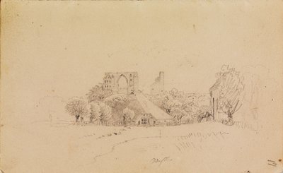 Ruinas del monasterio de Eldena, con una casa de techo de paja y una pequeña masa de agua de Caspar David Friedrich