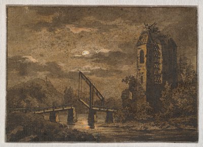 Paisaje con puente levadizo y ruina a la luz de la luna de Caspar David Friedrich