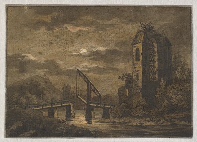 Paisaje con puente levadizo y ruina a la luz de la luna de Caspar David Friedrich