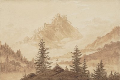 Paisaje montañoso con niebla en el valle, ca 1805 de Caspar David Friedrich