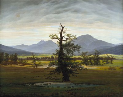 Paisaje de aldea con árbol solitario en luz de la mañana, 1822 de Caspar David Friedrich
