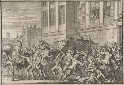 Ataque en Madrid a la carroza del Conde de Olivares, Gaspard de Gusmán, 1643 de Caspar Luyken (attributed to)