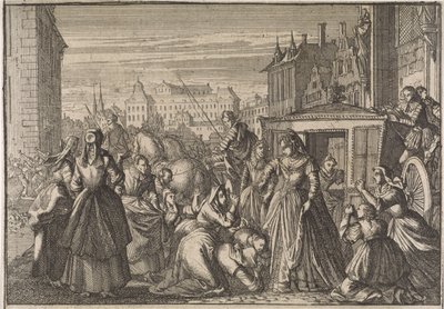 Mujeres arrodilladas ante la reina Ana en París, rogándole que reduzca los impuestos, 1645 de Caspar Luyken (attributed to)