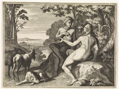 Adán y Eva rodeados de animales en el paraíso de Caspar Luyken