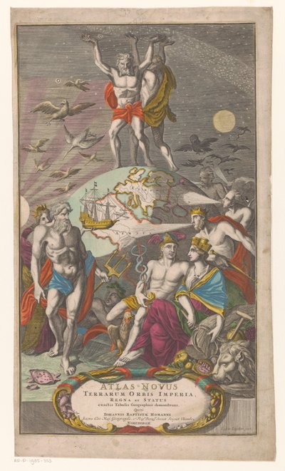 Atlas y Hércules llevan cielos estrellados
Portada de: Johann Baptista Homan, Atlas Novus Terrarum Orbis Imperia, Regna et Status exactis Tabulis Geographicè demonstrans, 1710 de Caspar Luyken