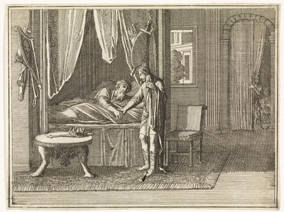 David, en su lecho de muerte, dirige sus últimas exhortaciones a Salomón de Caspar Luyken