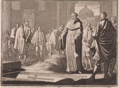 San Bernardo contempla una tumba abierta de Caspar Luyken