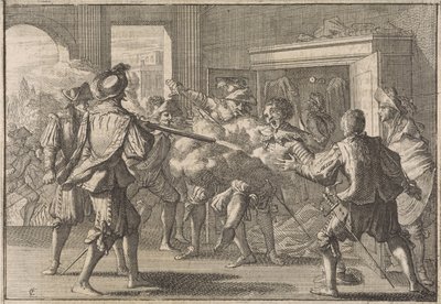 Miguel de Vasconcelos es descubierto en un armario y asesinado por portugueses enfurecidos, 1640 de Caspar Luyken
