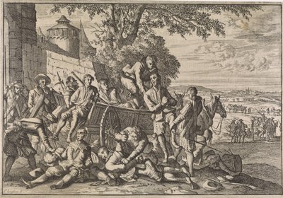 Los soldados españoles son cargados en carros y llevados, 1641 de Caspar Luyken
