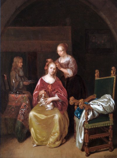Una dama en su tocador, c.1665 (óleo sobre tabla de roble) de Caspar Netscher