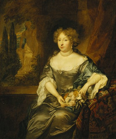 Retrato de una dama, sentada, tres cuartos de longitud, con un vestido de satén gris, sosteniendo una cesta de flores frente a una ventana, una estatua en un parque más allá de Caspar Netscher