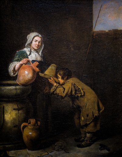 Joven deshollinador bebiendo cerca de un pozo de Caspar Netscher