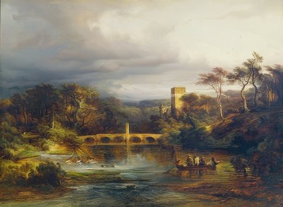 Castillo en el lago del bosque con barqueros y puente arqueado de Caspar Scheuren